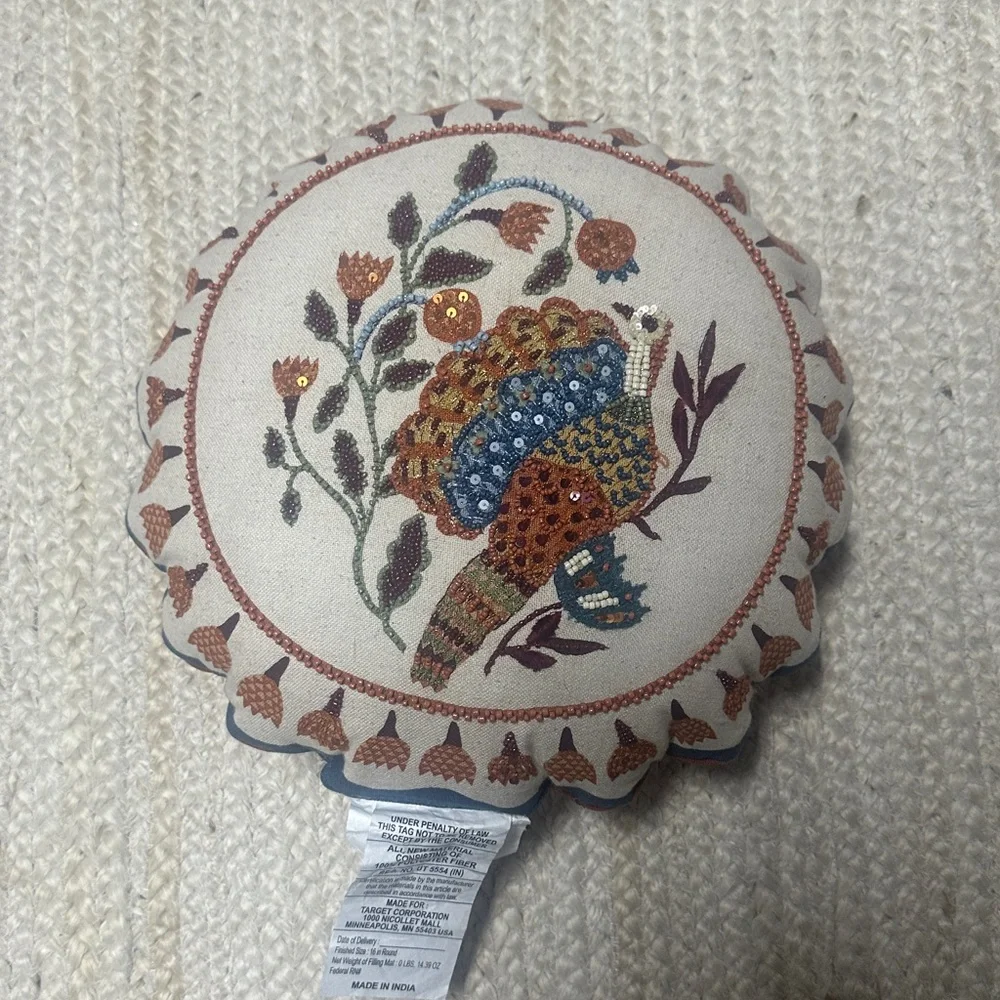 NEW Threshold 16” Round Beaded Turkey Pillow